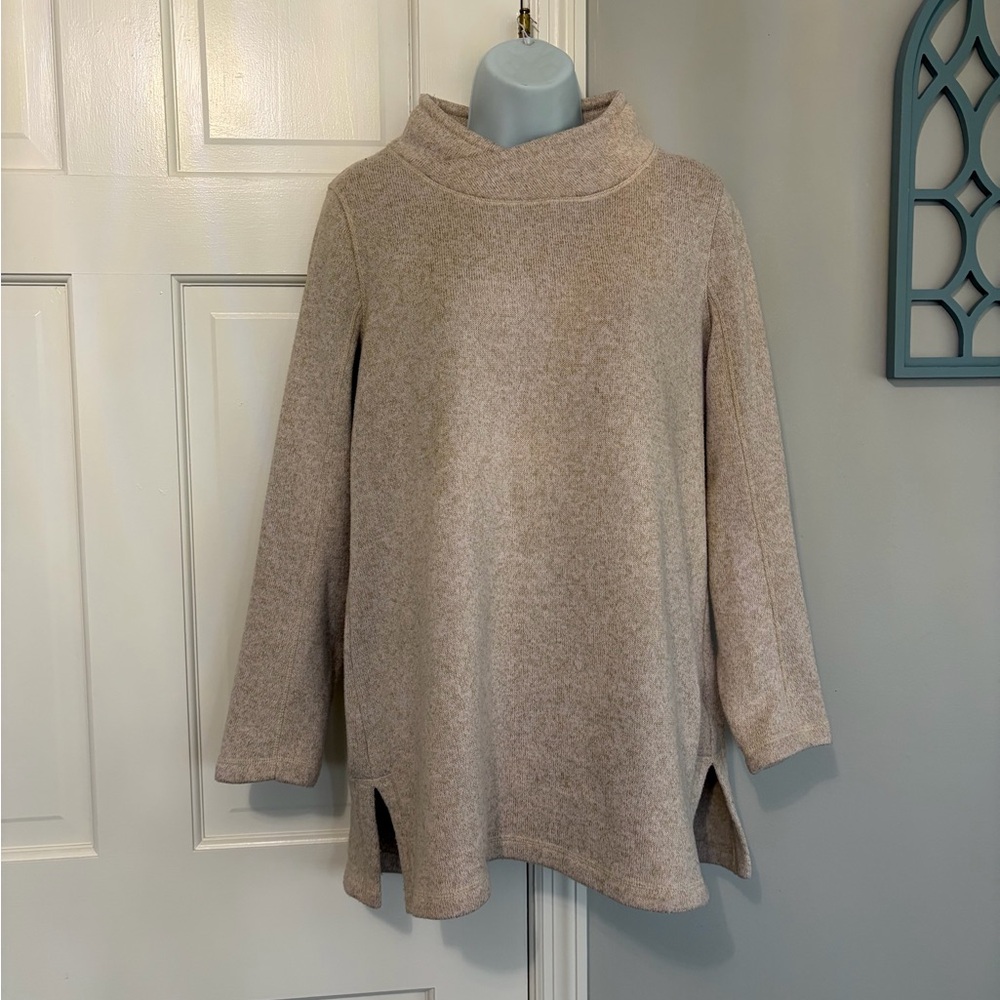 Lands' End Taupe Funnel Neck Tunic Sweater
